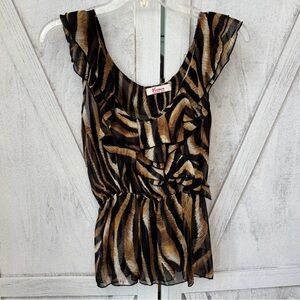 Vintage Vivace Animal Print Ruffle Top Women’s Medium Semi Sheer Black Tan Beige